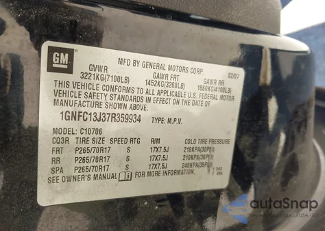 2007 Chevrolet Tahoe Lt z USA, uszkodzony, nr VIN 1GNFC13J37R359934